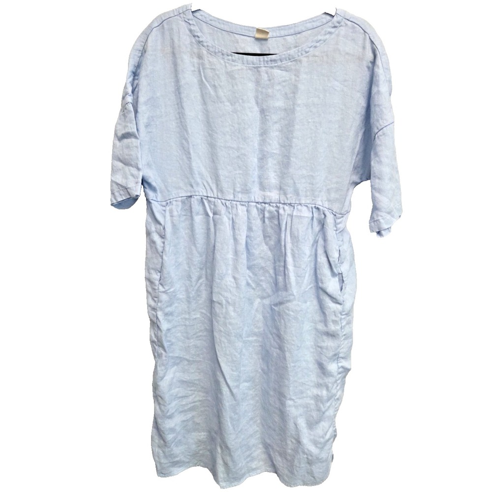 LINTICO Dress S Valencia 100% Linen A-Line Midi Drop Shoulder Lagenlook Blue